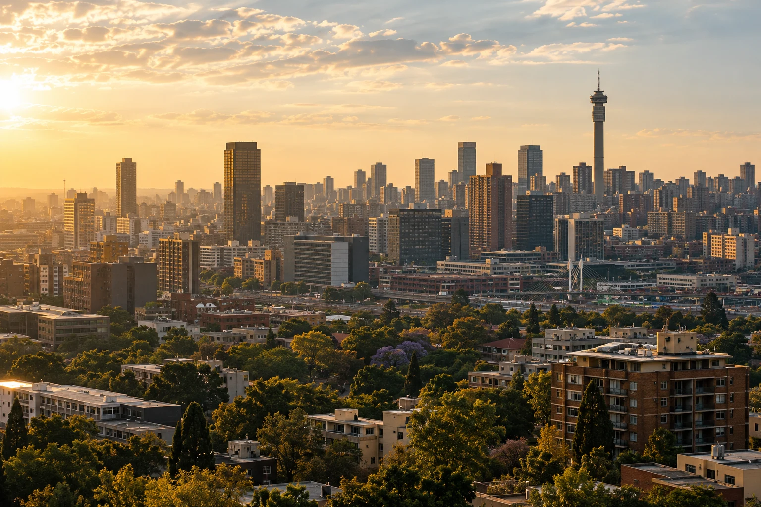 Illustrative Johannesburg cityscape in warm afternoon light